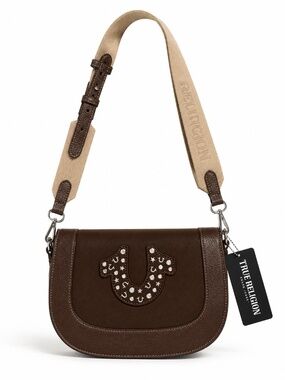 NWT TRUE RELIGION Studded Horseshoe Saddle Flap Crossbody Bag Brown Micro Suede